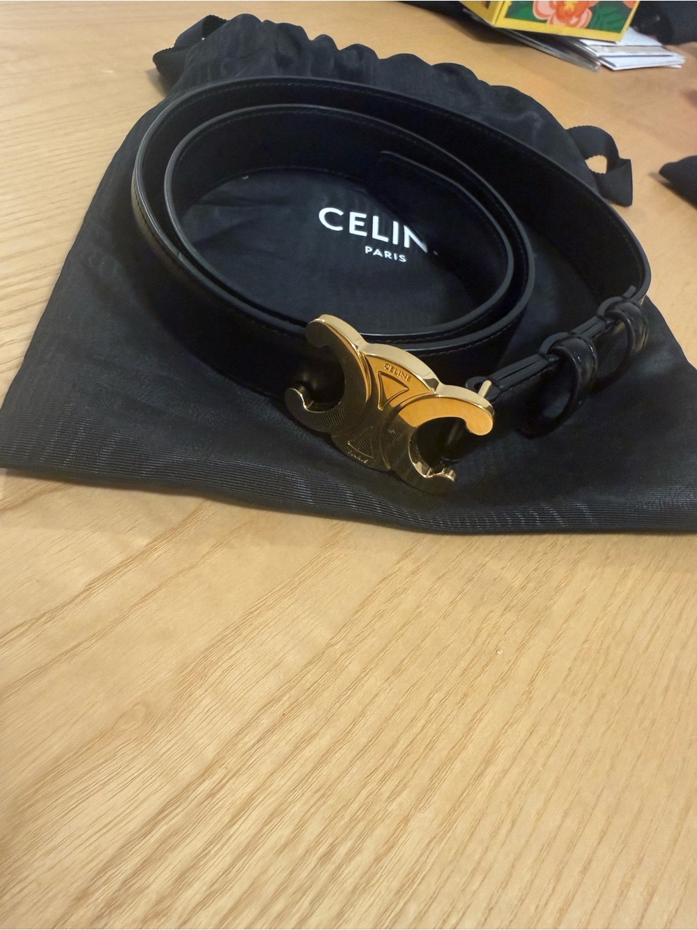 CELINE Black Leather Belt with Gold Triomphe Buckle